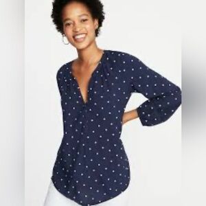 Old Navy Printed Split Neck Blouse Blue Polka Dot Size XL